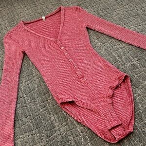 Free People Red Ribbed Button-Down Bodysuit